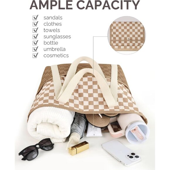 Women Grid Beach Bag Large Waterproof Sandproof Foldable Tote With Zipper Mesh - Picture 6 of 7